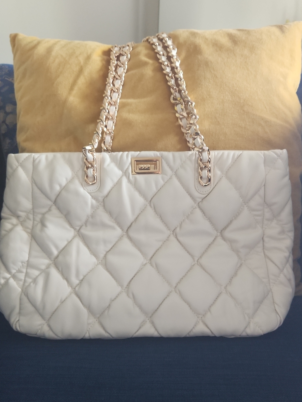 Quilted Ivory Chain-Handle Tote Bag